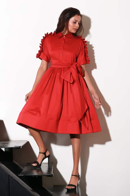 Echke Red Lycra Ruffles Collared Solid Dress at Aza Fashions Echke_Red Lycra Ruffles Collared Solid Dress _at_Aza_Fashions