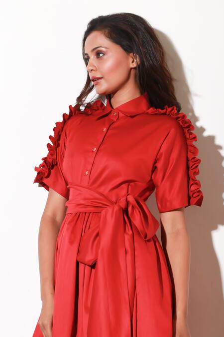 Buy Echke Red Lycra Ruffles Collared Solid Dress Buy_Echke_Red Lycra Ruffles Collared Solid Dress