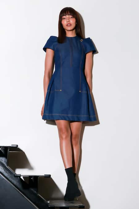 Shop Echke Blue Denim Round Neck Solid Short Dress Online at Aza Fashions Shop_Echke_Blue Denim Round Neck Solid Short Dress _Online_at_Aza_Fashions