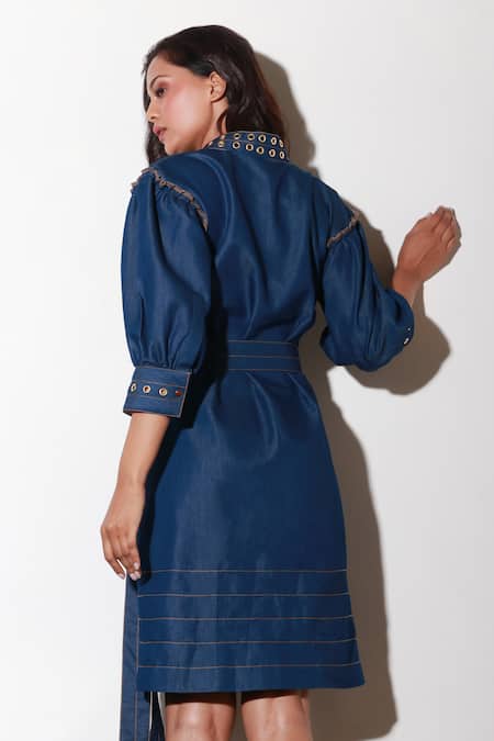 Shop Echke Blue Cotton Collared Solid Short Dress at Aza Fashions Shop_Echke_Blue Cotton Collared Solid Short Dress _at_Aza_Fashions