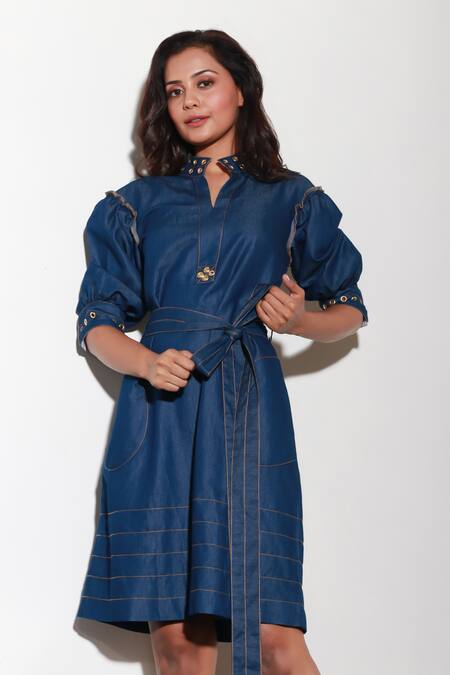 Buy Echke Blue Cotton Collared Solid Short Dress Online at Aza Fashions Buy_Echke_Blue Cotton Collared Solid Short Dress _Online_at_Aza_Fashions
