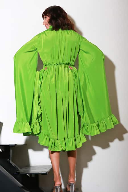 Shop Echke Green Crepe V-neck V Gathered Dress at Aza Fashions Shop_Echke_Green Crepe V-neck V Gathered Dress _at_Aza_Fashions