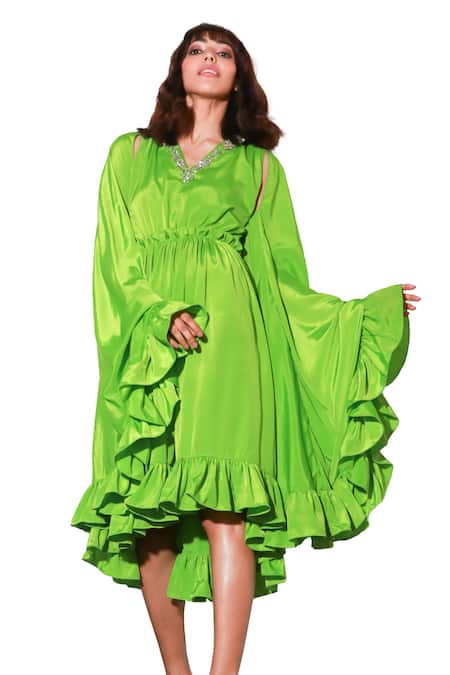 Buy Echke Green Crepe V-neck V Gathered Dress Online at Aza Fashions Buy_Echke_Green Crepe V-neck V Gathered Dress _Online_at_Aza_Fashions