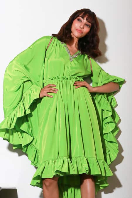 Echke Green Crepe V-neck V Gathered Dress at Aza Fashions Echke_Green Crepe V-neck V Gathered Dress _at_Aza_Fashions