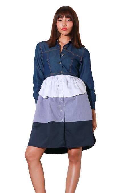 Echke Blue Denim Collared Layered Short Dress Online at Aza Fashions Echke_Blue Denim Collared Layered Short Dress _Online_at_Aza_Fashions