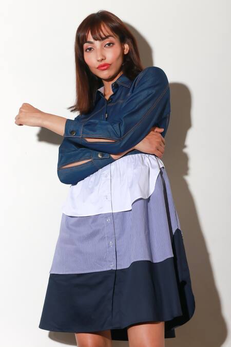 Shop Echke Blue Denim Collared Layered Short Dress Online at Aza Fashions Shop_Echke_Blue Denim Collared Layered Short Dress _Online_at_Aza_Fashions