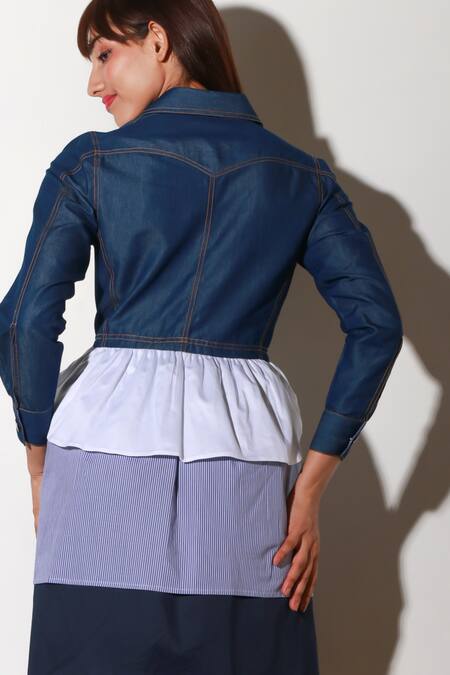 Echke Blue Denim Collared Layered Short Dress at Aza Fashions Echke_Blue Denim Collared Layered Short Dress _at_Aza_Fashions
