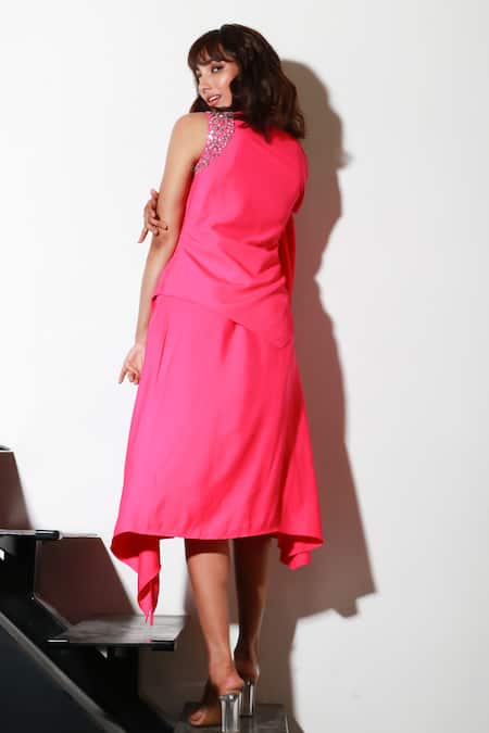 Shop Echke Pink Crepe Asymmetric Flared Midi Dress at Aza Fashions Shop_Echke_Pink Crepe Asymmetric Flared Midi Dress _at_Aza_Fashions