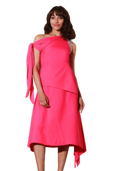 Echke Pink Crepe Asymmetric Flared Midi Dress Online at Aza Fashions Echke_Pink Crepe Asymmetric Flared Midi Dress _Online_at_Aza_Fashions