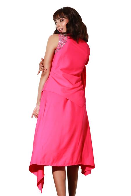 Shop Echke Pink Crepe Asymmetric Flared Midi Dress Shop_Echke_Pink Crepe Asymmetric Flared Midi Dress