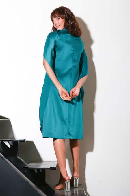 Shop Echke Green Polyester High Neck Solid Midi Cape Dress at Aza Fashions Shop_Echke_Green Polyester High Neck Solid Midi Cape Dress _at_Aza_Fashions