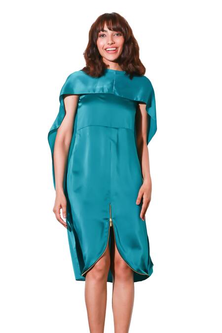 Echke Green Polyester High Neck Solid Midi Cape Dress Online at Aza Fashions Echke_Green Polyester High Neck Solid Midi Cape Dress _Online_at_Aza_Fashions