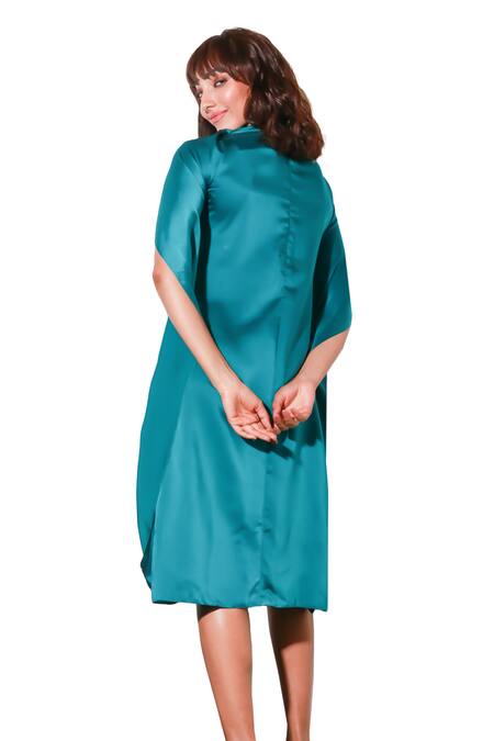 Buy Echke Green Polyester High Neck Solid Midi Cape Dress Buy_Echke_Green Polyester High Neck Solid Midi Cape Dress
