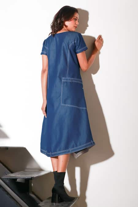 Shop Echke Blue Denim Round Neck Asymmetric Dress at Aza Fashions Shop_Echke_Blue Denim Round Neck Asymmetric Dress _at_Aza_Fashions