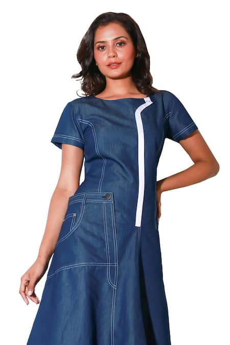 Echke Blue Denim Round Neck Asymmetric Dress Online at Aza Fashions Echke_Blue Denim Round Neck Asymmetric Dress _Online_at_Aza_Fashions