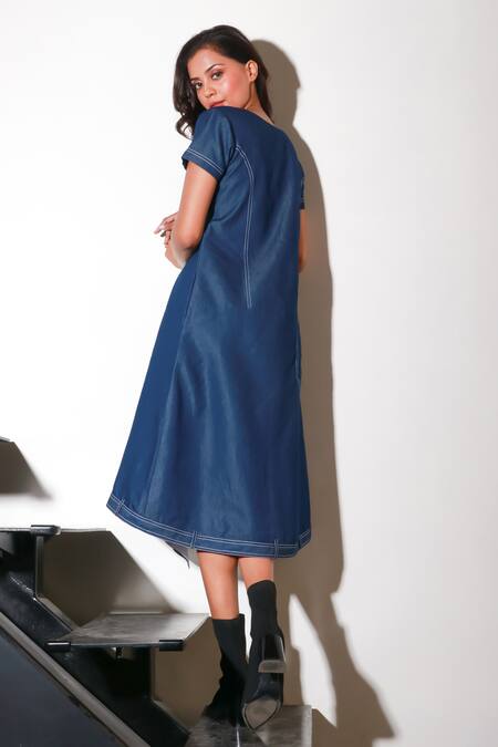 Shop Echke Blue Denim Round Neck Asymmetric Dress Online at Aza Fashions Shop_Echke_Blue Denim Round Neck Asymmetric Dress _Online_at_Aza_Fashions