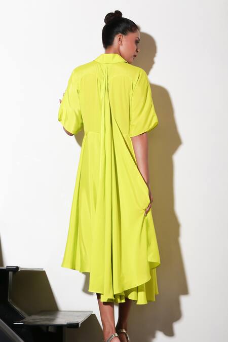 Shop Echke Yellow Crepe V-neck Solid Midi Dress at Aza Fashions Shop_Echke_Yellow Crepe V-neck Solid Midi Dress _at_Aza_Fashions