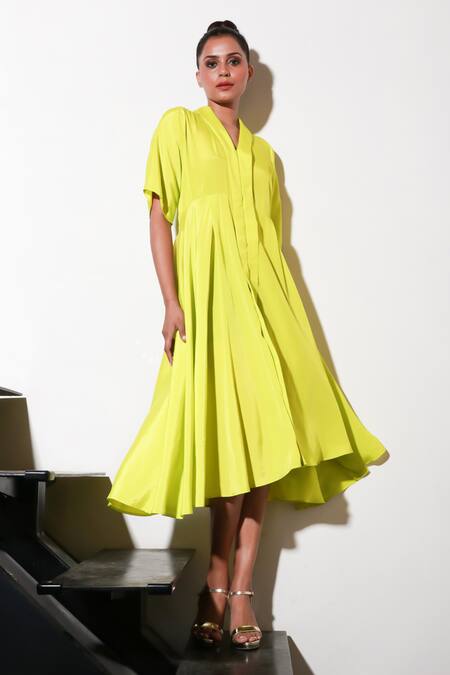 Buy Echke Yellow Crepe V-neck Solid Midi Dress Online at Aza Fashions Buy_Echke_Yellow Crepe V-neck Solid Midi Dress _Online_at_Aza_Fashions