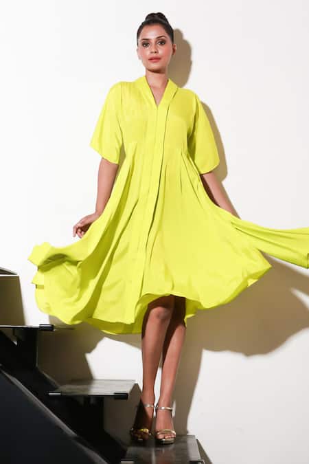 Shop Echke Yellow Crepe V-neck Solid Midi Dress Online at Aza Fashions Shop_Echke_Yellow Crepe V-neck Solid Midi Dress _Online_at_Aza_Fashions