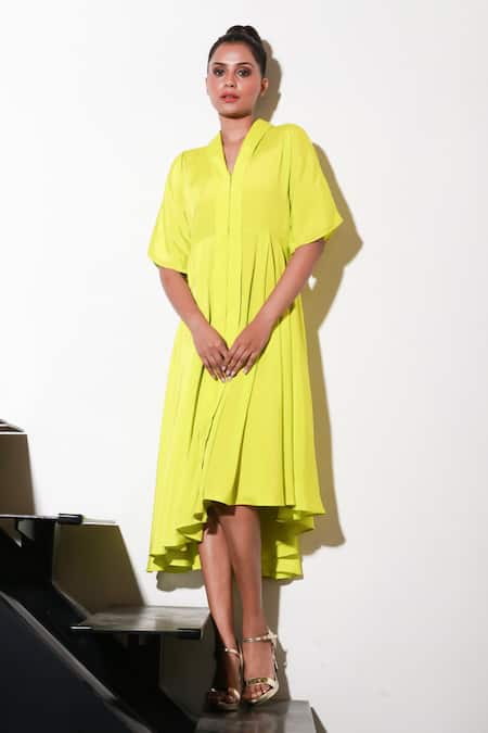 Echke Yellow Crepe V-neck Solid Midi Dress at Aza Fashions Echke_Yellow Crepe V-neck Solid Midi Dress _at_Aza_Fashions