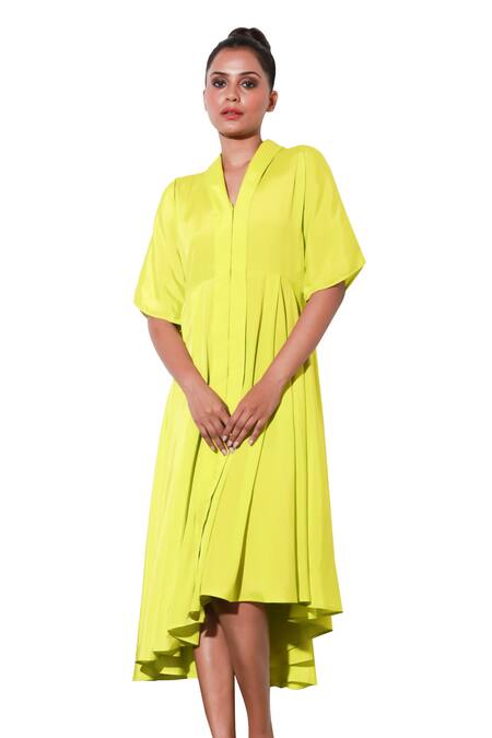 Buy Echke Yellow Crepe V-neck Solid Midi Dress Buy_Echke_Yellow Crepe V-neck Solid Midi Dress