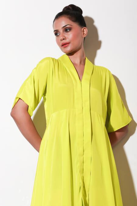 Shop Echke Yellow Crepe V-neck Solid Midi Dress Shop_Echke_Yellow Crepe V-neck Solid Midi Dress