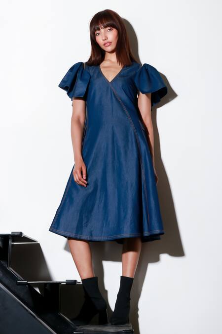 Echke Blue Denim V-neck Solid Flared Dress Online at Aza Fashions Echke_Blue Denim V-neck Solid Flared Dress _Online_at_Aza_Fashions