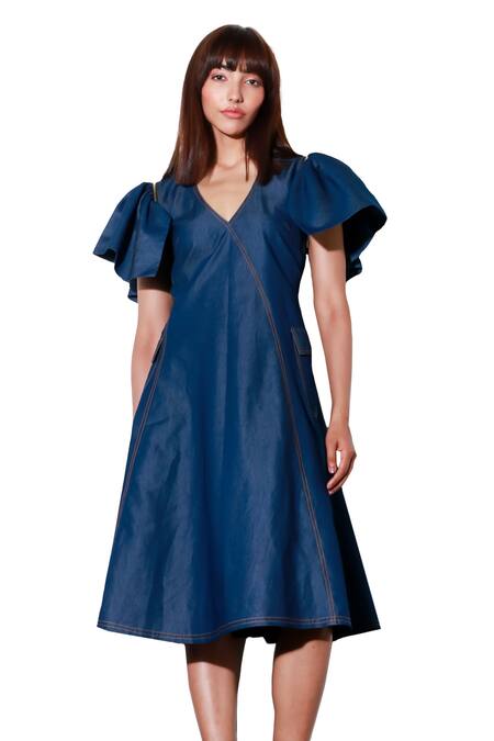 Buy Echke Blue Denim V-neck Solid Flared Dress Online at Aza Fashions Buy_Echke_Blue Denim V-neck Solid Flared Dress _Online_at_Aza_Fashions