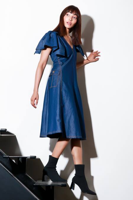 Shop Echke Blue Denim V-neck Solid Flared Dress Online at Aza Fashions Shop_Echke_Blue Denim V-neck Solid Flared Dress _Online_at_Aza_Fashions
