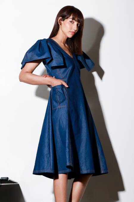 Buy Echke Blue Denim V-neck Solid Flared Dress Buy_Echke_Blue Denim V-neck Solid Flared Dress