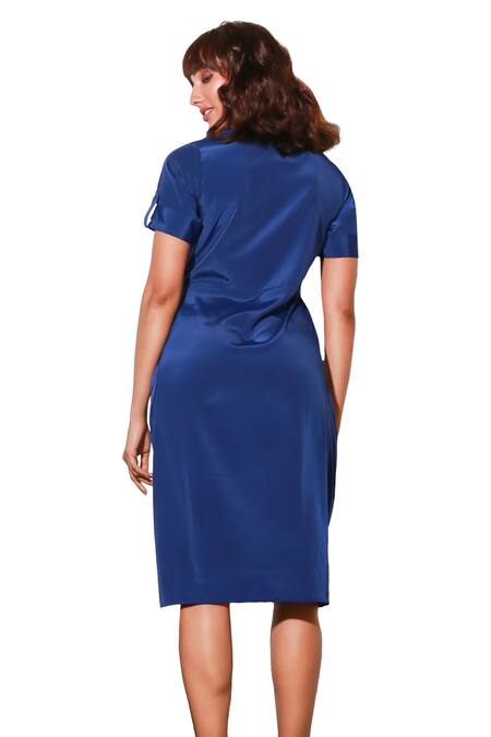 Buy Echke Blue Crepe Collared Solid Ruched Short Dress Buy_Echke_Blue Crepe Collared Solid Ruched Short Dress
