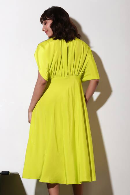 Shop_Echke_Yellow Crepe Round Neck Ruched Flared Dress _at_Aza_Fashions