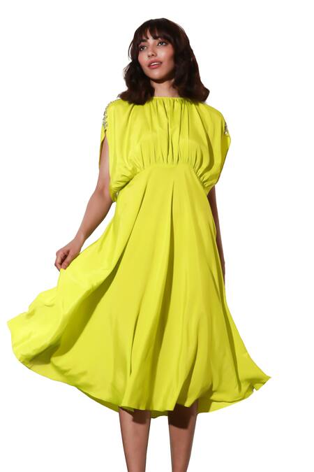 Echke_Yellow Crepe Round Neck Ruched Flared Dress _Online_at_Aza_Fashions