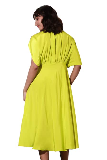 Buy_Echke_Yellow Crepe Round Neck Ruched Flared Dress 