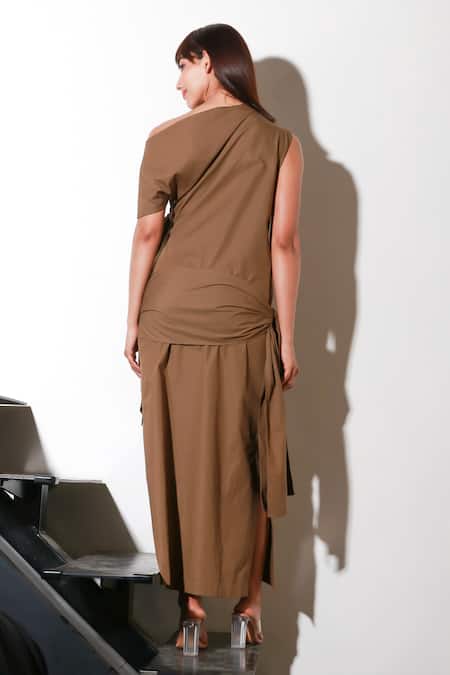Shop_Echke_Brown Denim Asymmetric Solid Maxi Dress _at_Aza_Fashions