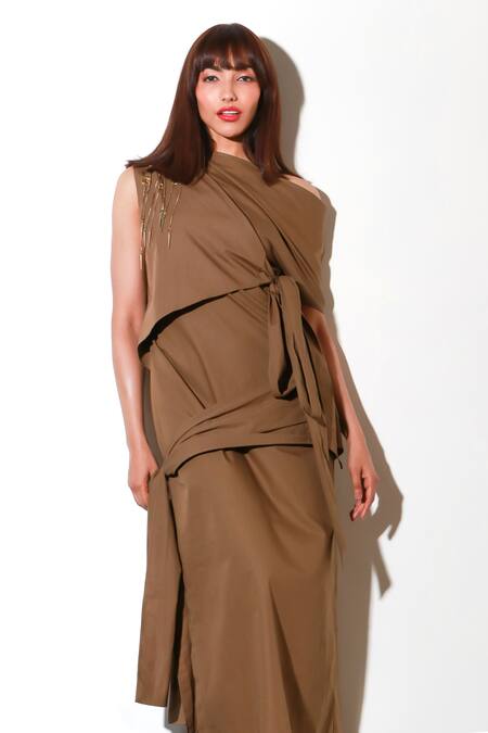 Echke_Brown Denim Asymmetric Solid Maxi Dress _Online_at_Aza_Fashions