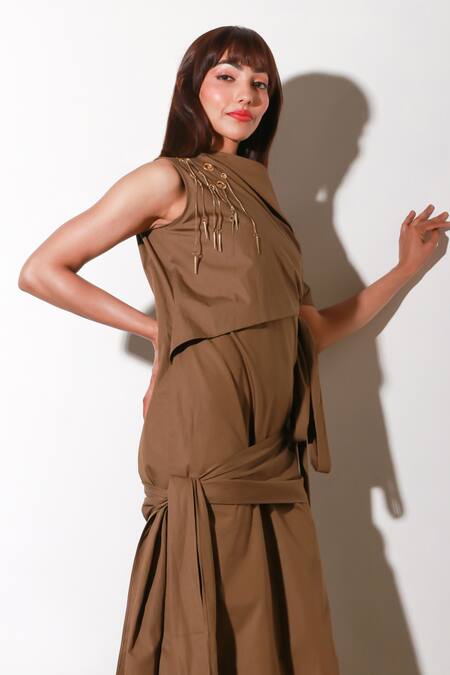 Buy_Echke_Brown Denim Asymmetric Solid Maxi Dress _Online_at_Aza_Fashions