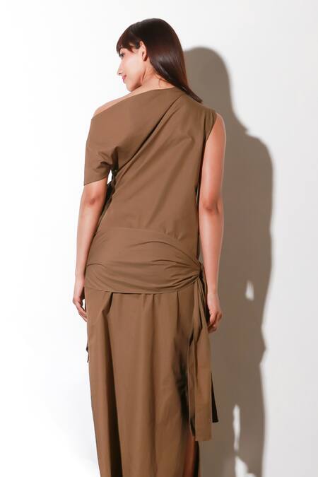 Shop_Echke_Brown Denim Asymmetric Solid Maxi Dress _Online_at_Aza_Fashions