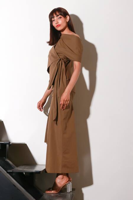 Echke_Brown Denim Asymmetric Solid Maxi Dress _at_Aza_Fashions