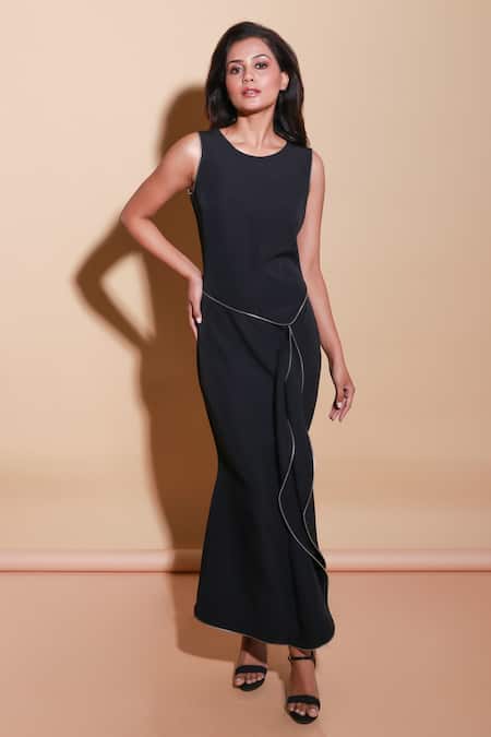 Echke Black Crepe Round Neck Solid Maxi Dress Online at Aza Fashions Echke_Black Crepe Round Neck Solid Maxi Dress _Online_at_Aza_Fashions