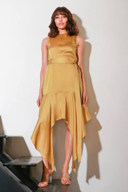 Echke Yellow Polyester High Neck Asymmetric Hem Midi Dress Online at Aza Fashions Echke_Yellow Polyester High Neck Asymmetric Hem Midi Dress _Online_at_Aza_Fashions