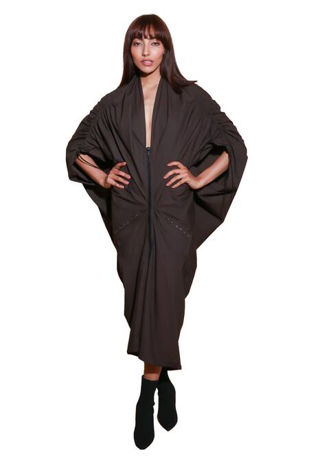 Echke Brown Cotton V-neck Solid Midi Dress Online at Aza Fashions Echke_Brown Cotton V-neck Solid Midi Dress _Online_at_Aza_Fashions