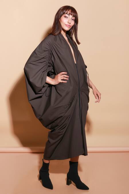 Buy Echke Brown Cotton V-neck Solid Midi Dress Online at Aza Fashions Buy_Echke_Brown Cotton V-neck Solid Midi Dress _Online_at_Aza_Fashions