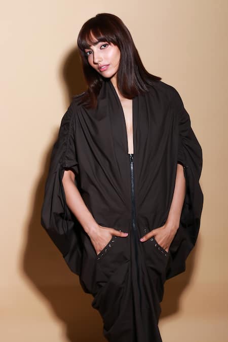 Shop Echke Brown Cotton V-neck Solid Midi Dress Online at Aza Fashions Shop_Echke_Brown Cotton V-neck Solid Midi Dress _Online_at_Aza_Fashions