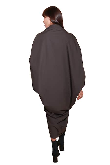 Buy Echke Brown Cotton V-neck Solid Midi Dress Buy_Echke_Brown Cotton V-neck Solid Midi Dress