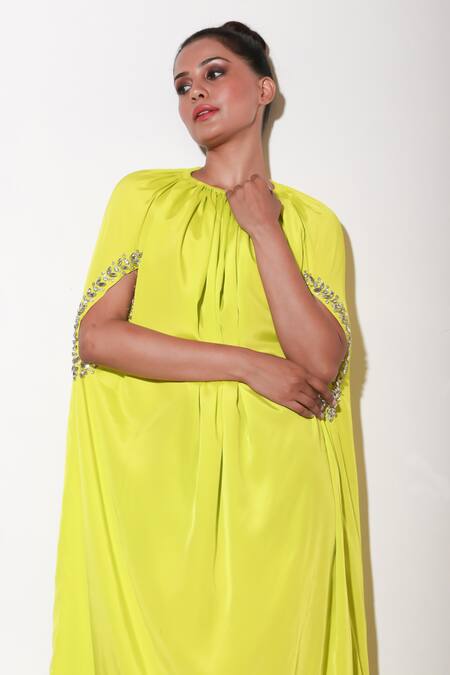 Echke Yellow Crepe Stones Round Neck Ruched Solid Midi Dress Online at Aza Fashions Echke_Yellow Crepe Stones Round Neck Ruched Solid Midi Dress _Online_at_Aza_Fashions