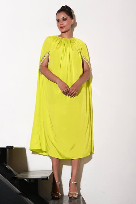 Buy Echke Yellow Crepe Stones Round Neck Ruched Solid Midi Dress Online at Aza Fashions Buy_Echke_Yellow Crepe Stones Round Neck Ruched Solid Midi Dress _Online_at_Aza_Fashions