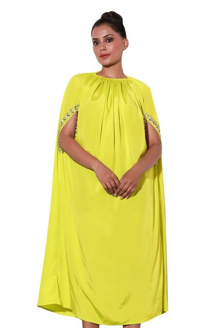 Shop Echke Yellow Crepe Stones Round Neck Ruched Solid Midi Dress Online at Aza Fashions Shop_Echke_Yellow Crepe Stones Round Neck Ruched Solid Midi Dress _Online_at_Aza_Fashions