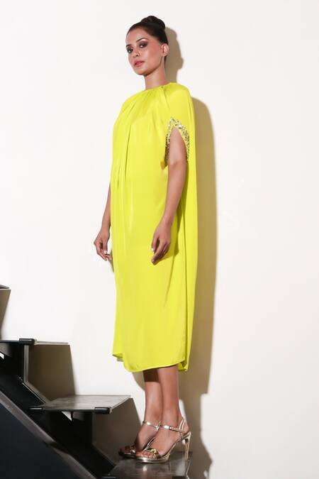 Echke Yellow Crepe Stones Round Neck Ruched Solid Midi Dress at Aza Fashions Echke_Yellow Crepe Stones Round Neck Ruched Solid Midi Dress _at_Aza_Fashions