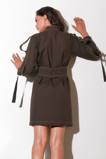 Shop Echke Brown Cotton Collared Solid Short Dress at Aza Fashions Shop_Echke_Brown Cotton Collared Solid Short Dress _at_Aza_Fashions